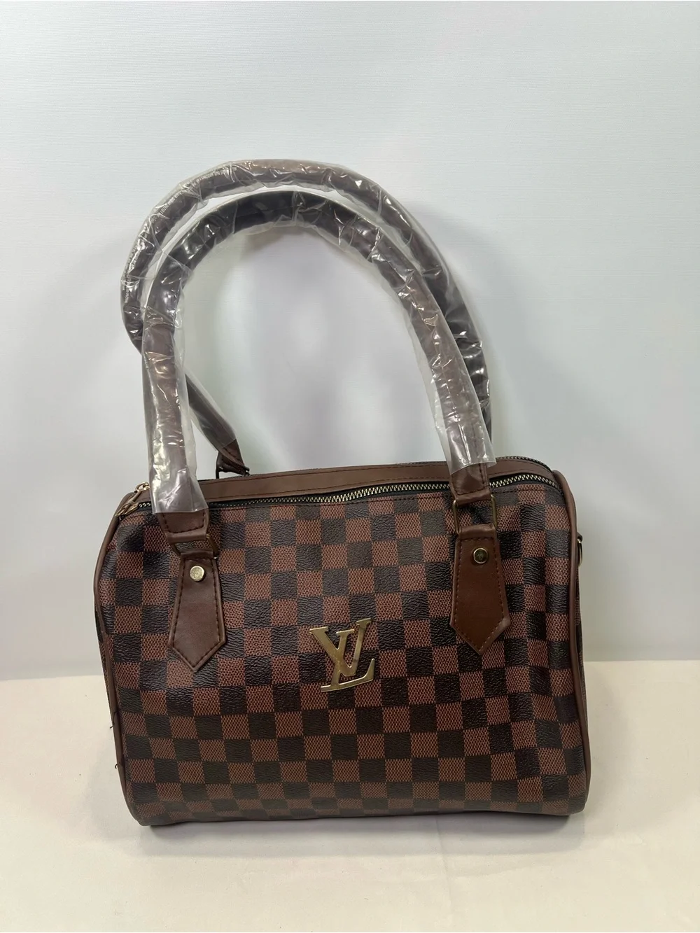 Brown Monogram Style Satchel Purse Gold Tone Hardware Fashion Handbag Flaw